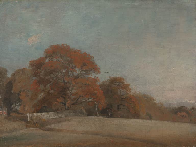 John Constable Herbstliche Landschaft bei East Bergholt Kunstkopie, rot-orange belaubter Baum an einem Zaun im Herbstlicht