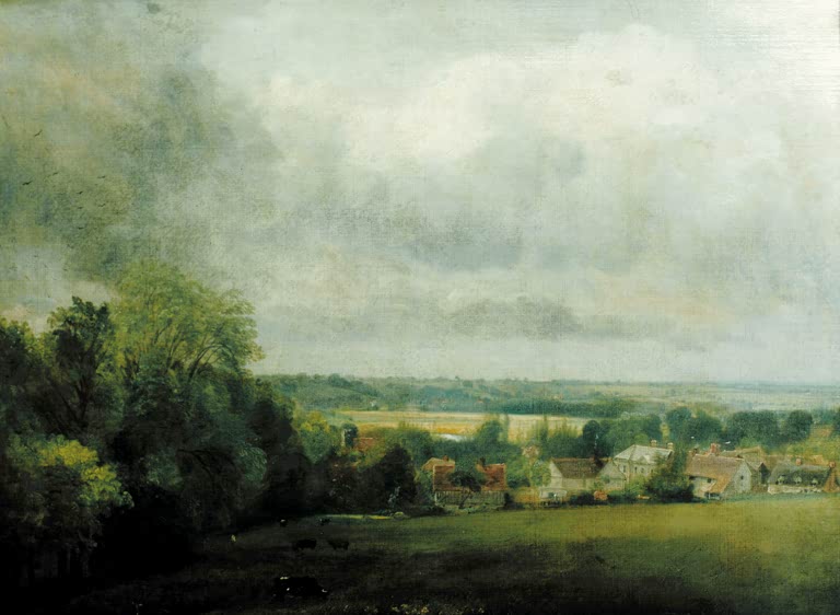 Dorf im Flusstal unter grauen Wolken, links dunkles Laub – John Constable Higham Village am Flusse Stour Kunstkopie