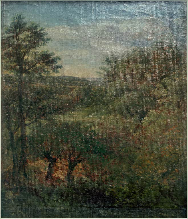 John Constable Im Tal bei East Bergholt Kunstkopie, dichtes bewaldetes Tal mit Lichtung und fernem Horizont zwischen Bäumen