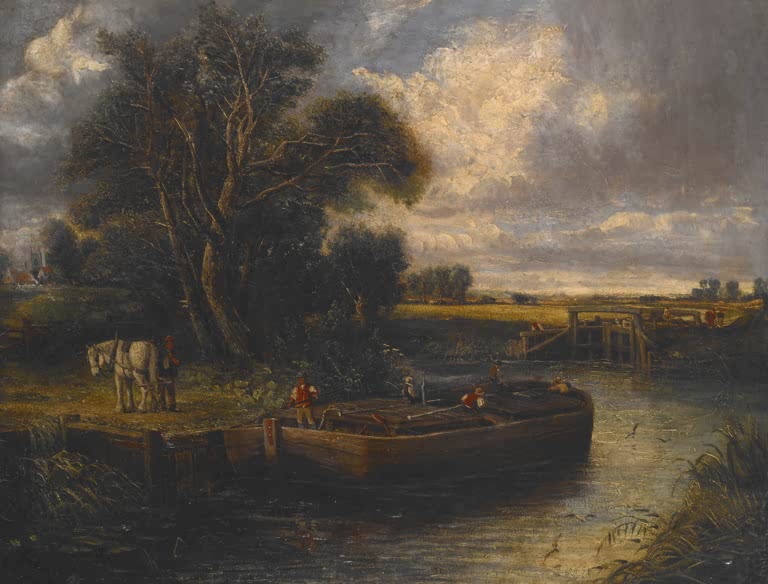 Lastkahn mit Pferd auf einem Kanal, dahinter eine Schleuse und Bäume – John Constable Kahn auf dem Kanal Kunstkopie