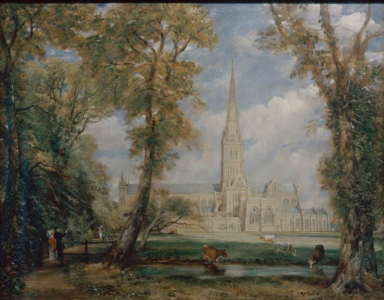 Blick durch hohe Bäume auf Kathedrale mit Spitzturm – John Constable Kathedrale von Salisbury Kunstkopie