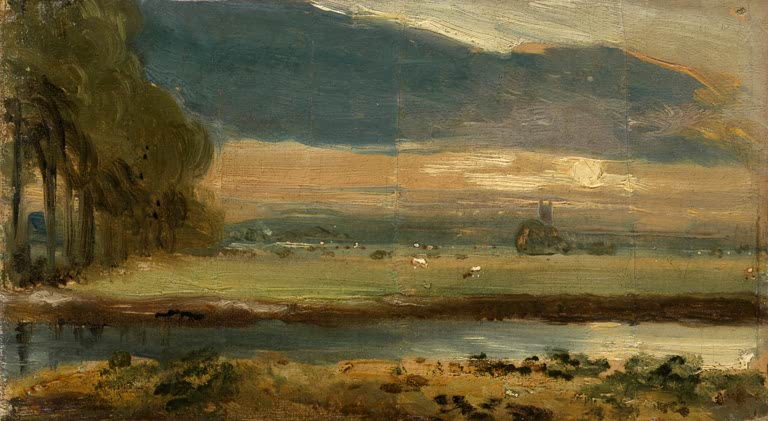 Wiesen, Fluss und ferne Kirche unter dunklen Wolken – John Constable Kirche in Dedham von Flatford aus Kunstkopie