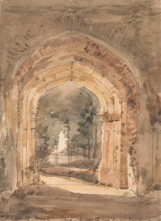 Torbogen einer Turmruine mit Durchblick auf eine Allee im Gegenlicht – John Constable Kirche von East Bergholt Kunstkopie