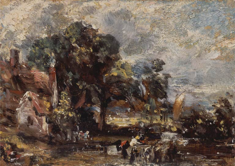 John Constable Kompositionsskizze zum Heuwagen Kunstkopie, Cottage am Wasser mit Bäumen und Figuren in flüchtiger Malweise