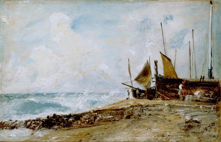 Boote am Strand, Wellen und heller Himmel an der Küste – John Constable Küstenlandschaft bei Brighton Kunstkopie