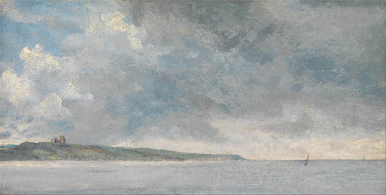 Graue Wolken über flachem Meer mit Küstenlinie und Klippen – John Constable Küstenlandschaft mit Klippen Kunstkopie
