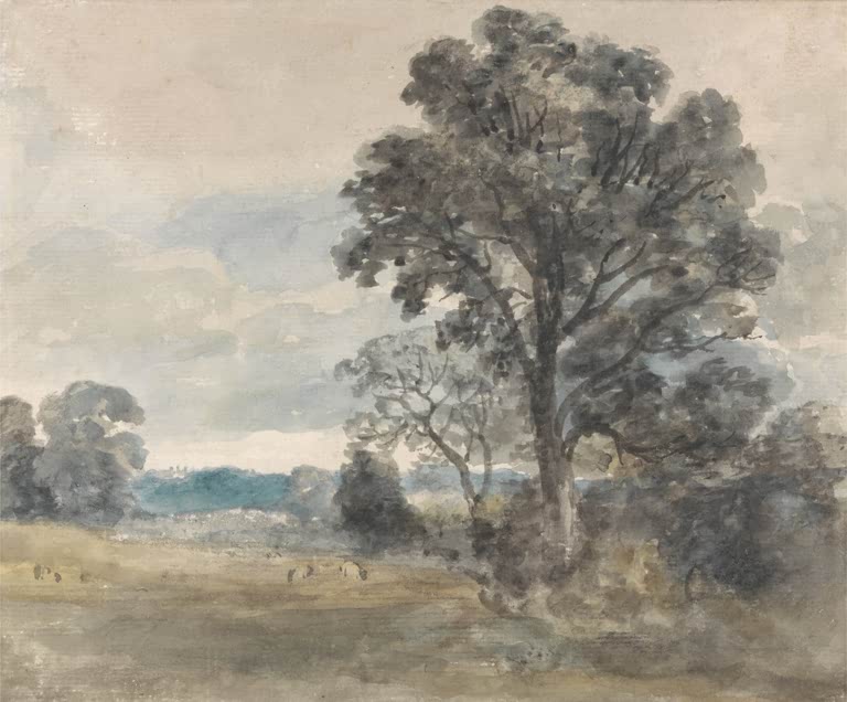 Hoher Laubbaum auf einer Wiese unter wolkigem Himmel mit fernem Dorf – John Constable Landschaft bei East Bergholt Kunstkopie