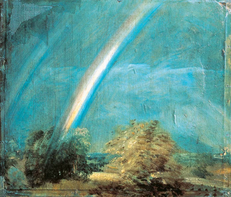 Leuchtender Regenbogen über Büschen vor türkisblauem Himmel – John Constable Landschaft mit doppeltem Regenbogen Kunstkopie