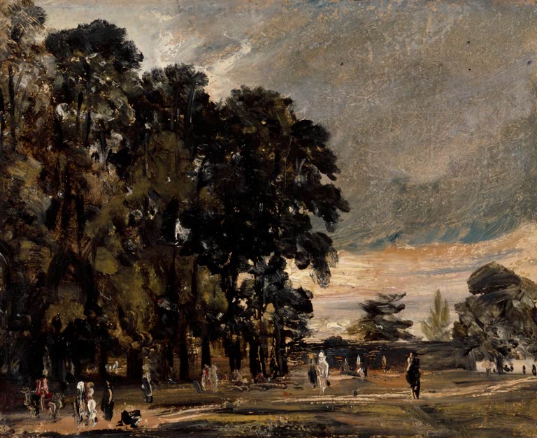 Baumgruppe mit Figuren auf einem Parkweg unter bewegtem Himmel – John Constable Figuren bei einer Baumgruppe Kunstkopie
