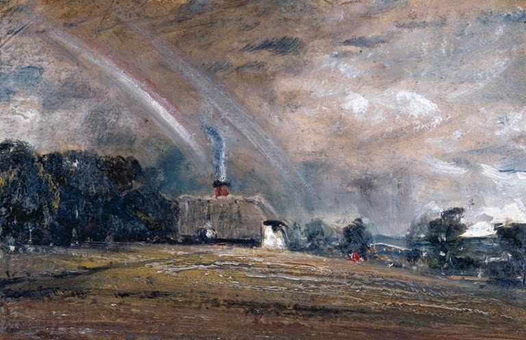John Constable Landschaftsstudie: Hütte mit Regenbogen, 12. Juli 1829 Kunstkopie, Cottage unter Regenbogen