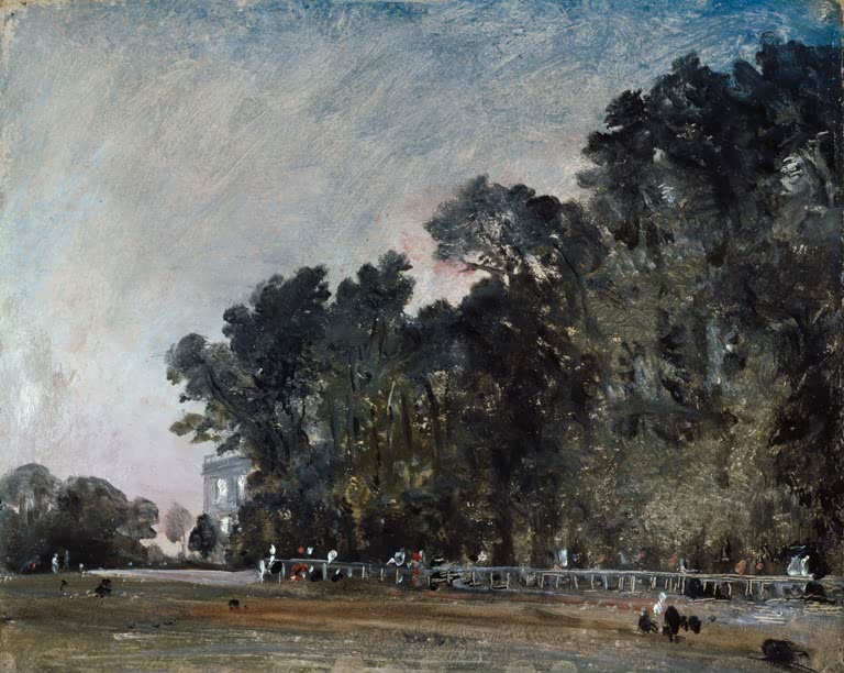 Hohe dunkle Bäume in einem Park, davor Spaziergänger – John Constable Landschaftsstudie: Szene in einem Park Kunstkopie