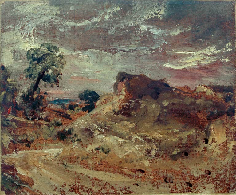 John Constable Landstraße und Sandhügel Kunstkopie, sandiger Weg unter stürmischem Wolkenhimmel in Suffolk