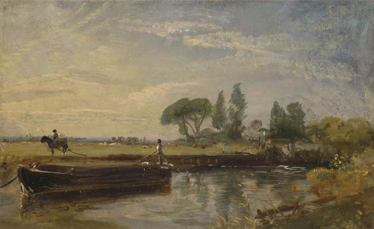 John Constable Lastkahn unterhalb der Schleuse von Flatford Kunstkopie, Kanalszene mit Boot, Reiter und Bäumen