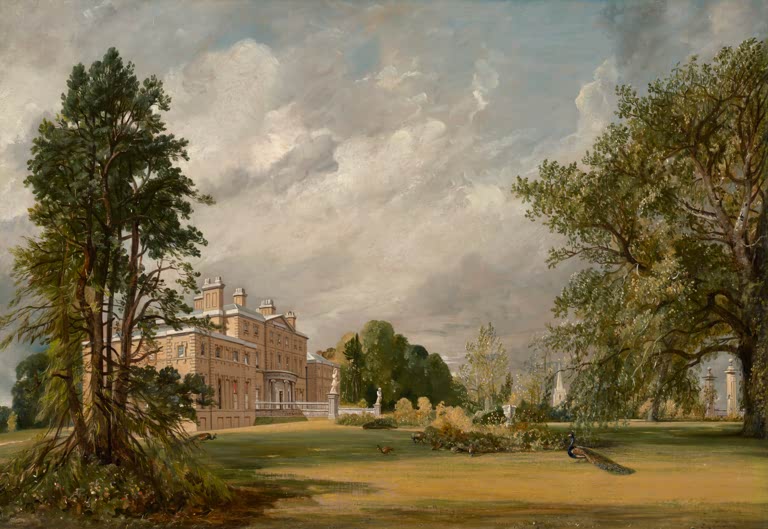 Herrenhaus mit Säulen hinter großen Bäumen auf grüner Rasenfläche – John Constable Malvern Hall Kunstkopie