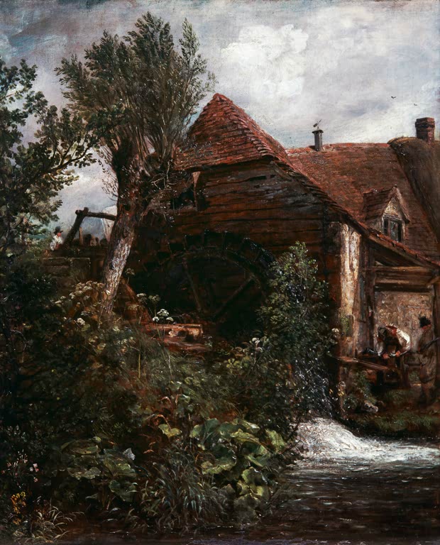Wassermühle mit rotem Dach, Weide und rauschendem Wehr im Grünen – John Constable Mühle von Gillingham Kunstkopie