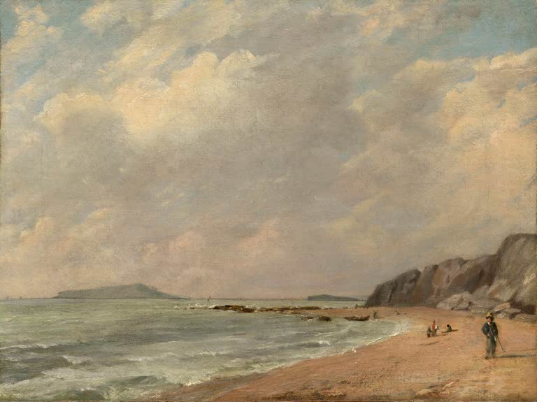 Sandstrand mit Wellen, Klippen rechts und einem einzelnen Spaziergänger – John Constable Osmington Bay Kunstkopie
