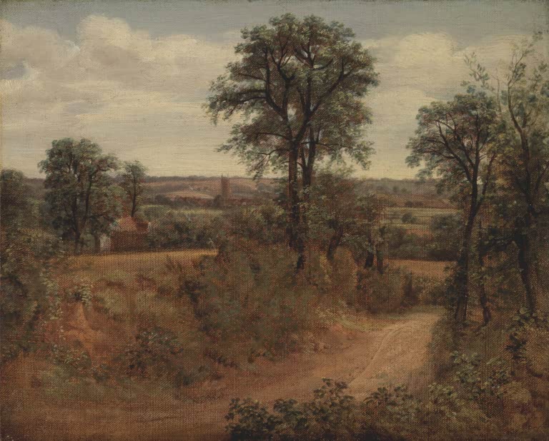 John Constable Pfad bei Dedham Kunstkopie, sonniger Feldweg zwischen Bäumen mit Blick auf Kirchturm in Suffolk