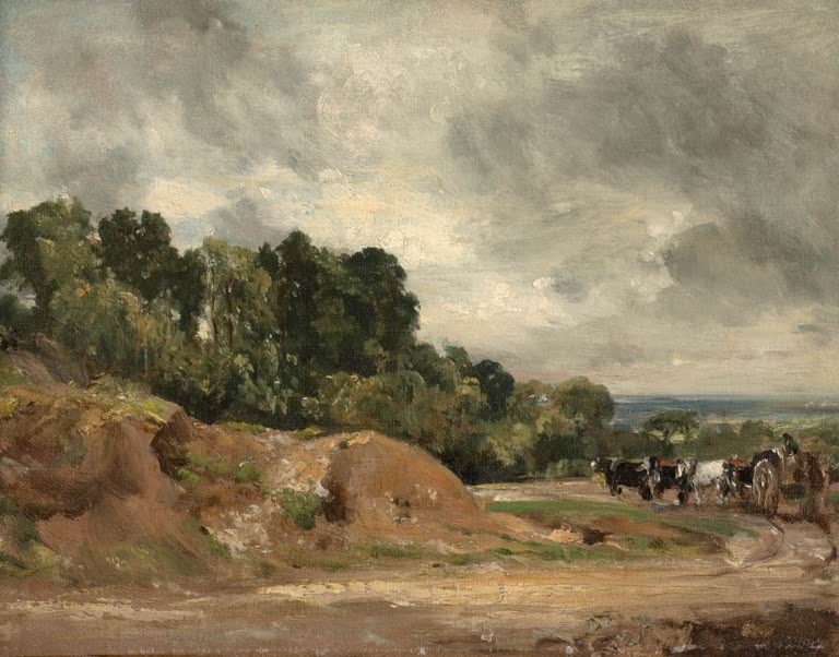 Sandgrube und Fuhrwerk mit Pferden vor Baumreihe unter Wolken – John Constable Sandbänke auf dem Hampstead Heath Kunstkopie
