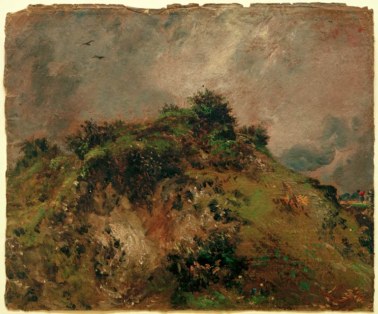 Bewachsener Sandhügel unter grauem, wolkigem Himmel – John Constable Sandhügel in Hampstead Heath Kunstkopie