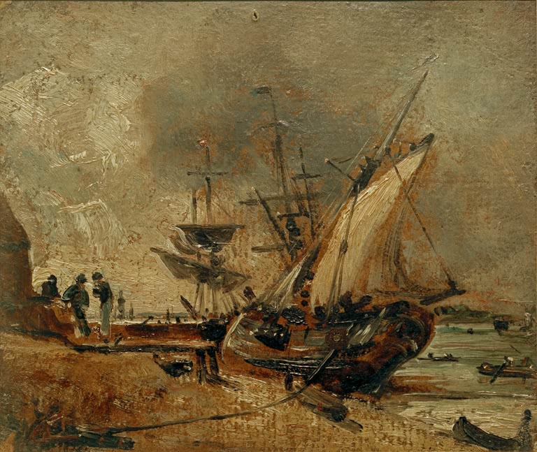 John Constable Schiffe auf der Orwell bei Ipswich Kunstkopie, Segelschiff am Ufer mit Männern am Kai und Ruderbooten