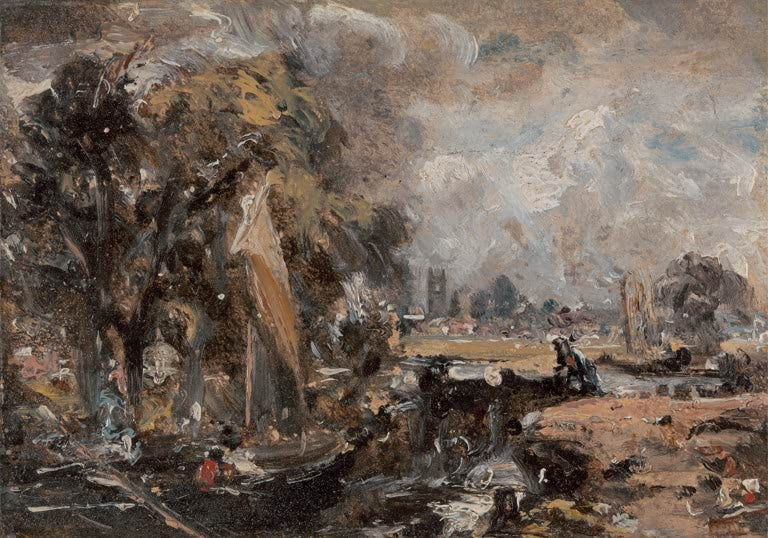Wild gemalte Schleusenlandschaft mit Bäumen, Boot und Kirchturm – John Constable Schleuse bei Dedham Kunstkopie