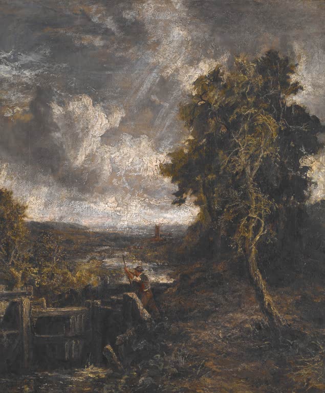 Dunkle Schleuse am Fluss, rechts ein Baum unter Wolken – John Constable Schleuse bei East Bergholt am Stour Kunstkopie