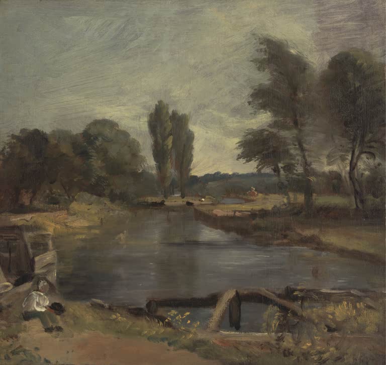 Stilles Wasser mit hölzernem Schleusentor und Bäumen unter Wolken – John Constable Schleusentor bei Flatford Kunstkopie