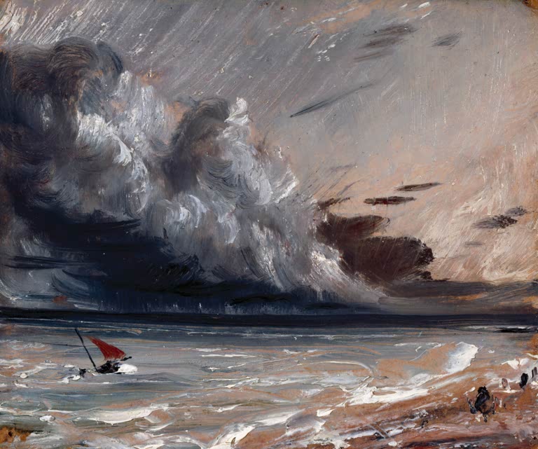 John Constable Seestudie mit Boot und Gewitterhimmel Kunstkopie, rotes Segelboot vor dunkler Gewitterwolke am Meer