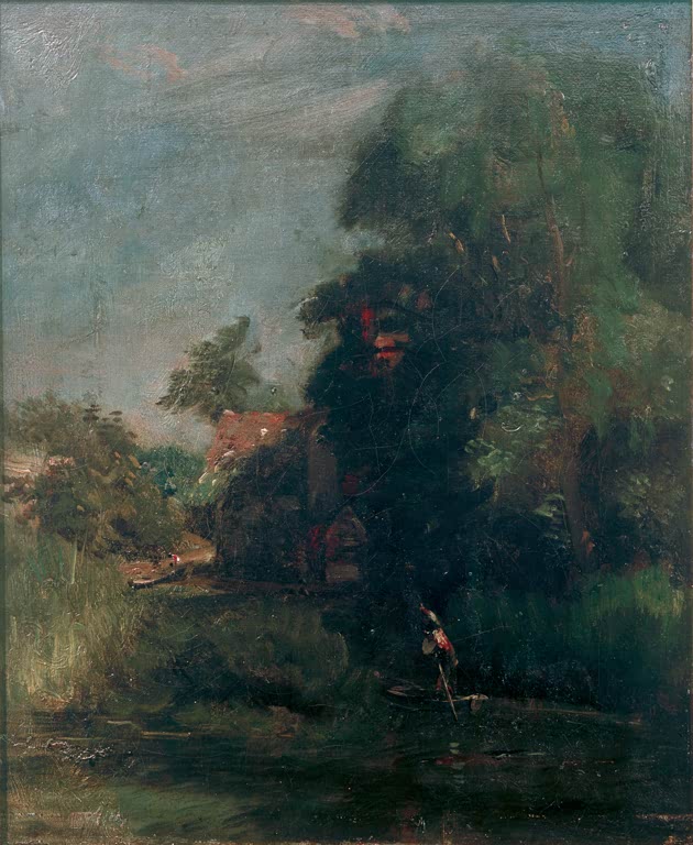 John Constable Skizze zu Valley Farm Kunstkopie, Bauernhaus zwischen dichtem dunklem Laub am Wasser