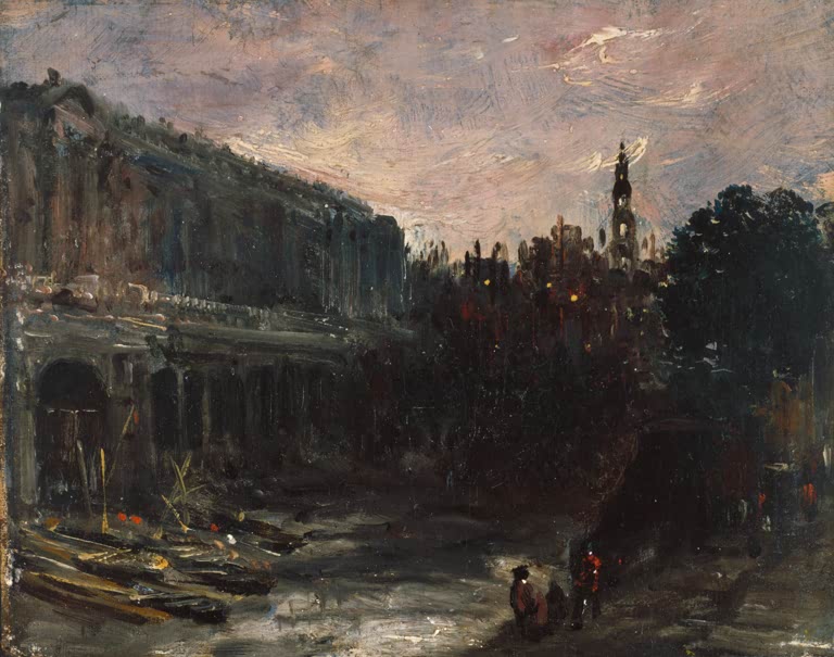 John Constable Somerset House im Abendlicht Kunstkopie, dunkle Fassade mit Kirchturm unter rosa Abendhimmel