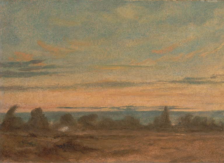 Orange glühender Abendhimmel über flacher Landschaft mit Büschen – John Constable Sommer – Abendlandschaft Kunstkopie