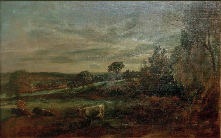 Abendliche Landschaft mit Kühen im Vordergrund und Bäumen rechts – John Constable Sommerabend Kunstkopie