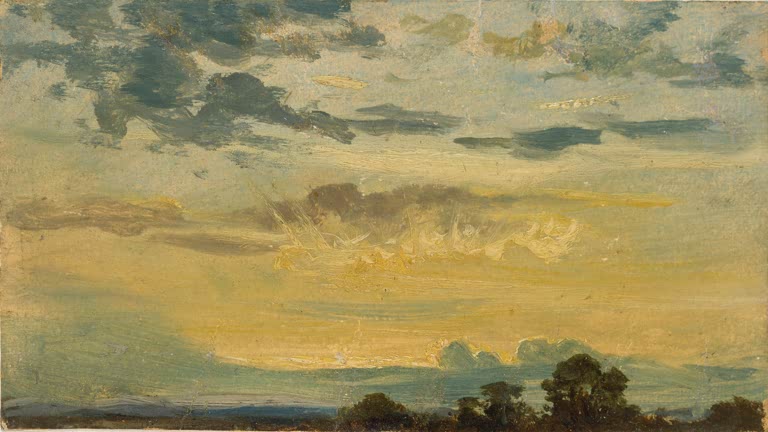 Gelbgoldener Abendhimmel mit grauen Wolkenstreifen über dunklen Bäumen – John Constable Sommeruntergang Kunstkopie
