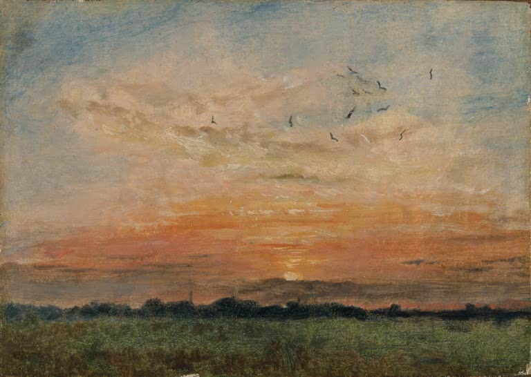 Orangeroter Sonnenuntergang mit Vogelschwarm über flachem Wiesenland – John Constable Sonnenuntergang Kunstkopie