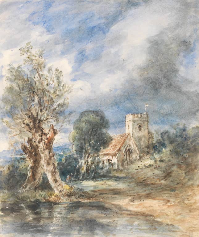 Kleine Kirche mit Turm hinter einem alten Baum an einem Bachlauf – John Constable St.-Poges-Kirche Kunstkopie