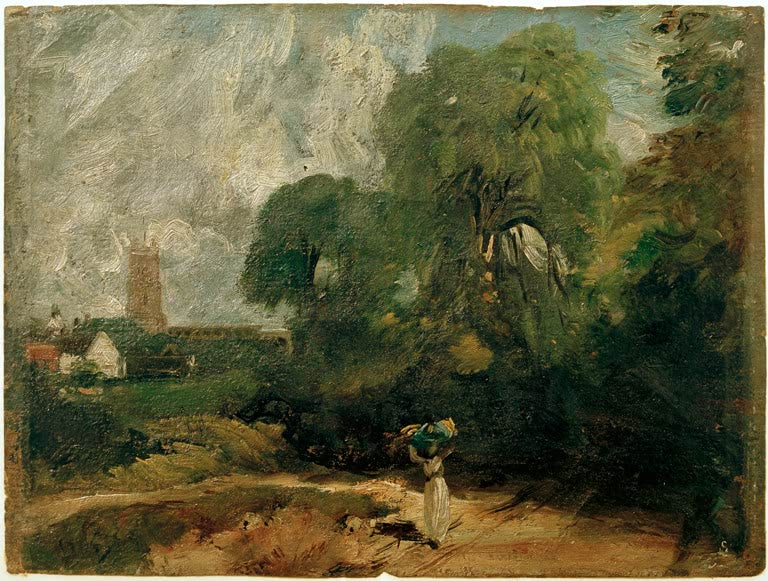 John Constable Stoke-by-Nayland, Suffolk, mit Frau auf dem Weg Kunstkopie, Kirchturm hinter Bäumen