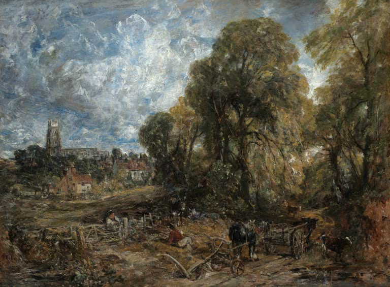 Karren mit Pferd auf einem Weg, Bäume und Dorfkirche unter Wolkenhimmel – John Constable Stoke-by-Nayland Kunstkopie
