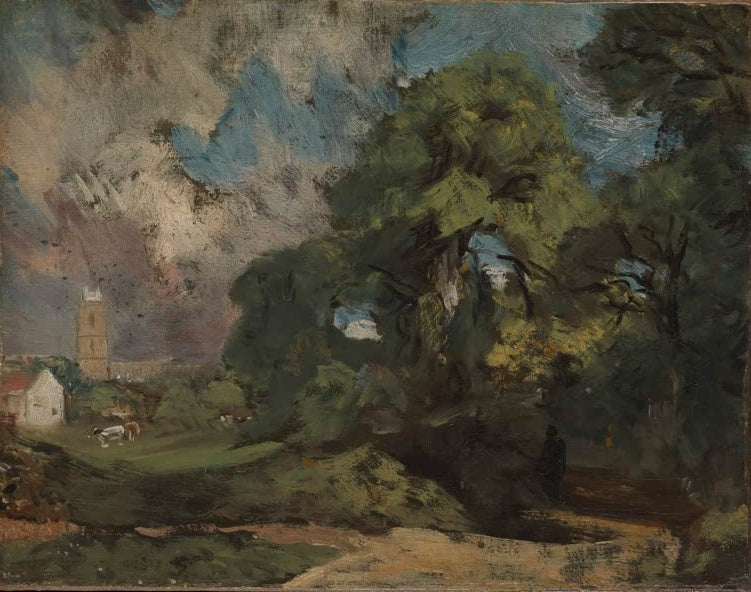 Dunkle Baumgruppe mit Kirchturm und Kühen unter stürmischem Himmel – John Constable Stoke-by-Nayland Kunstkopie