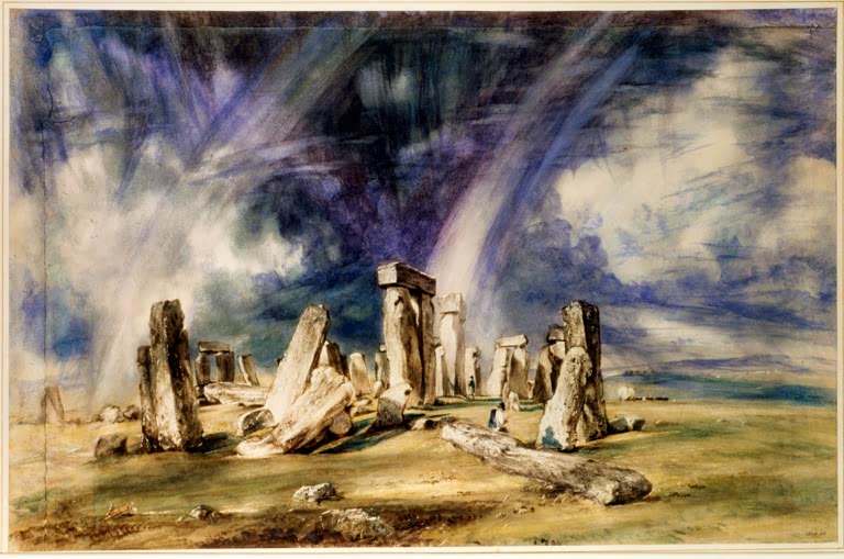 John Constable Stonehenge Kunstkopie, Steinkreis unter dramatischem Wolkenhimmel mit doppeltem Regenbogen