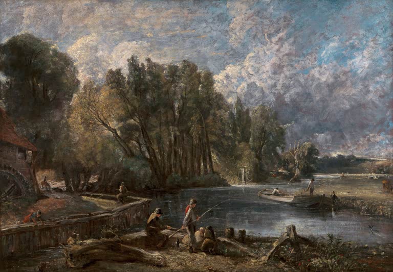 Angler am Ufer eines Flusses mit Mühle, hohe Bäume und Wolkenhimmel – John Constable Stratford-Mühle Kunstkopie