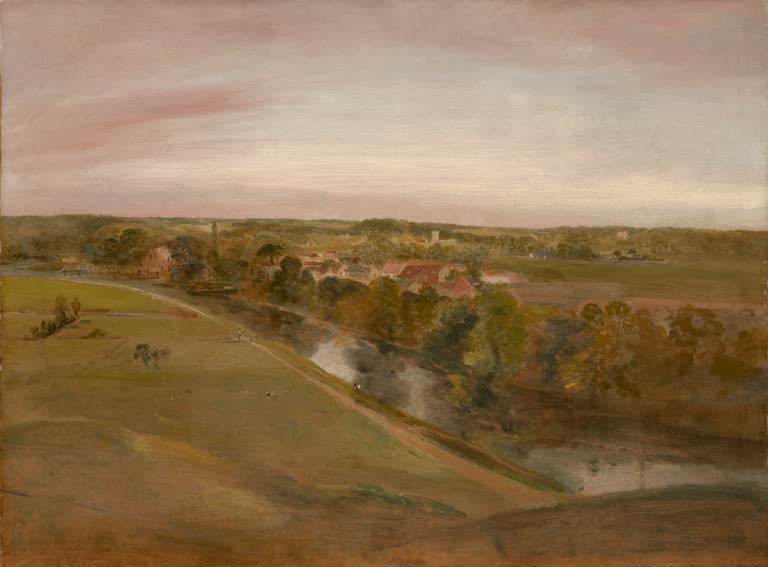 Weite Hügellandschaft mit Dorf, Fluss und rosigem Himmel – John Constable Stratford Saint Mary Kunstkopie