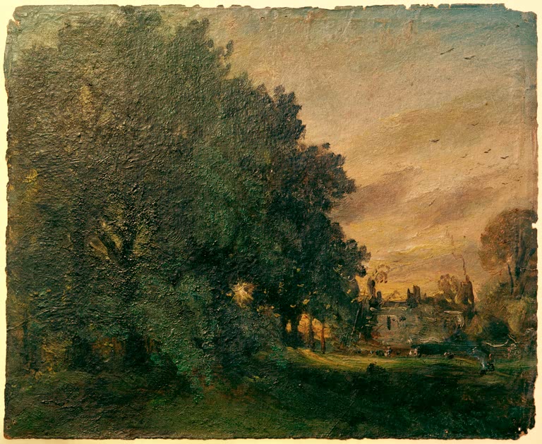 Dunkle Baumgruppe mit Haus im Abendlicht und rosa Himmel – John Constable Studie eines Hauses unter Bäumen: Abend Kunstkopie