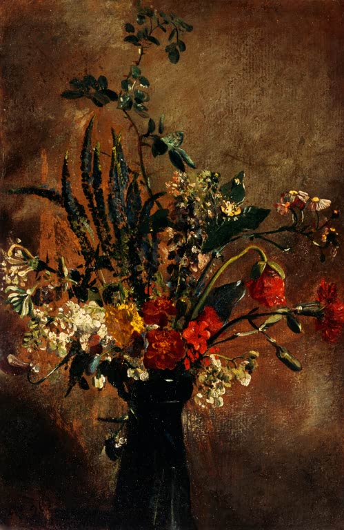 Wilder Blumenstrauß in dunkler Vase – John Constable Studie von Blumen in einer Hyazinthenvase Kunstkopie