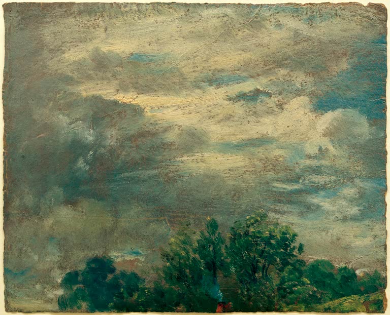John Constable Studie von Himmel und Bäumen Kunstkopie, lichtdurchfluteter Wolkenhimmel über dunklem Baumsaum