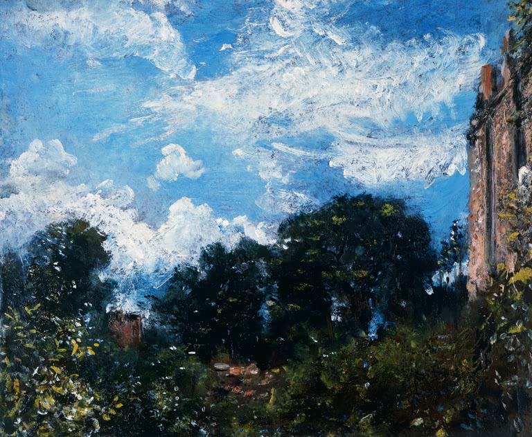 Laub und Kirchturm unter blauem Himmel – John Constable Studie von Himmel und Bäumen Kunstkopie