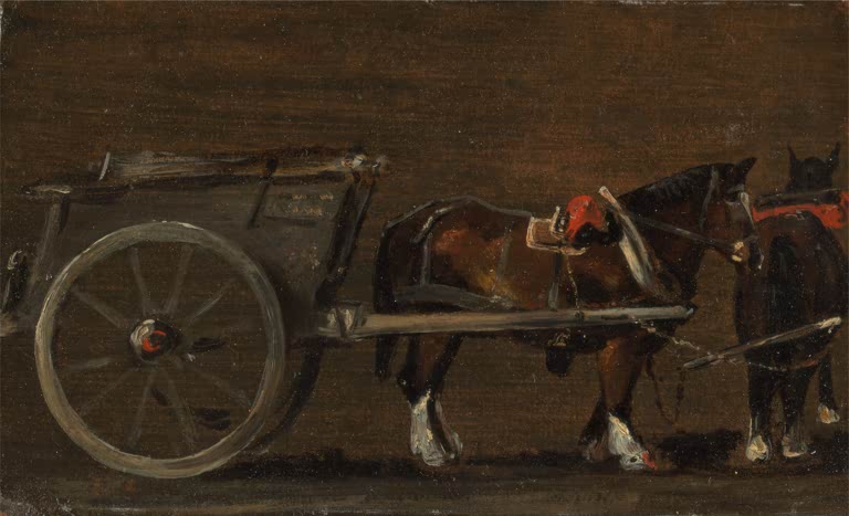John Constable Studie von Pferd und Karren Kunstkopie, Zugpferd im Geschirr vor zweirädrigem Karren vor dunklem Grund