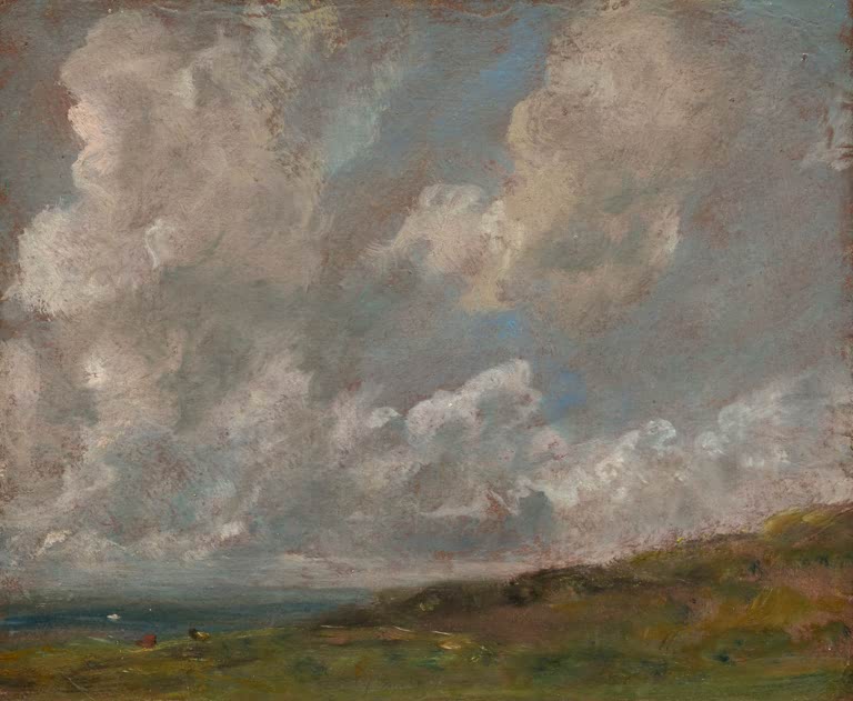 Gewitterwolken über grüner Hügellandschaft – John Constable Studie von Wolken über einer Landschaft Kunstkopie