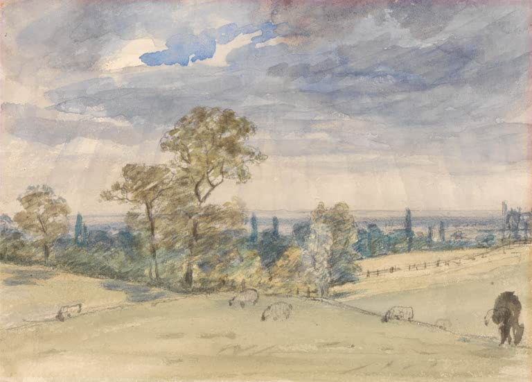 Hügelige Wiese mit Schafen und Bäumen unter bewölktem Himmel – John Constable Suffolk-Landschaft Kunstkopie