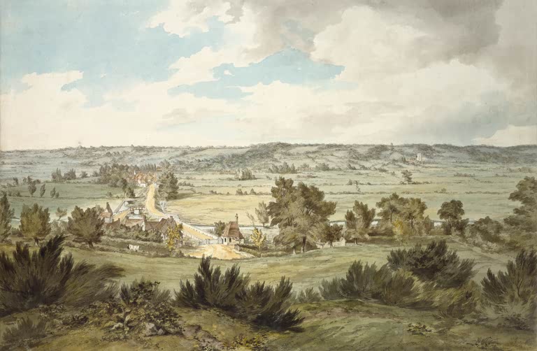 Aquarellierte Talansicht mit Dorf, Feldern und Büschen – John Constable Tal der Stour Kunstkopie