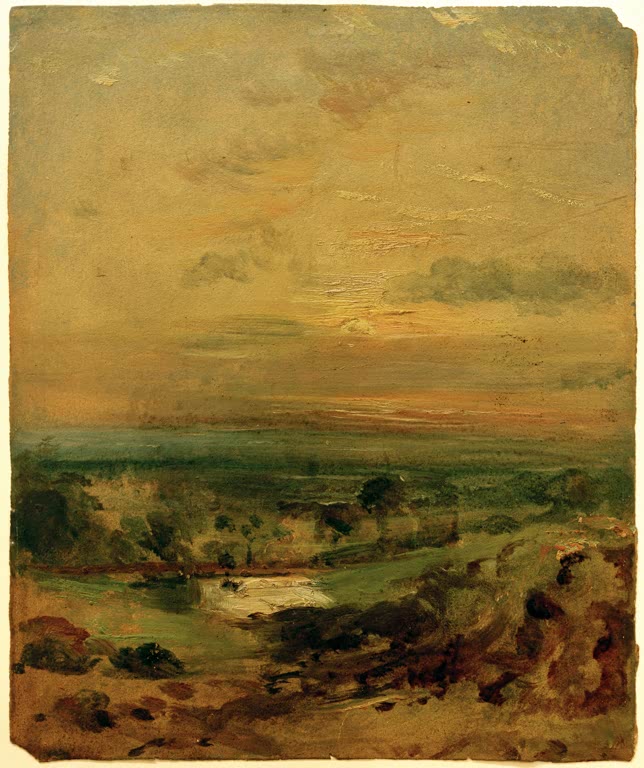 Abendliche Heidelandschaft mit gelbem Himmel und kleinem Teich – John Constable Teich am Branch Hill: Abend Kunstkopie